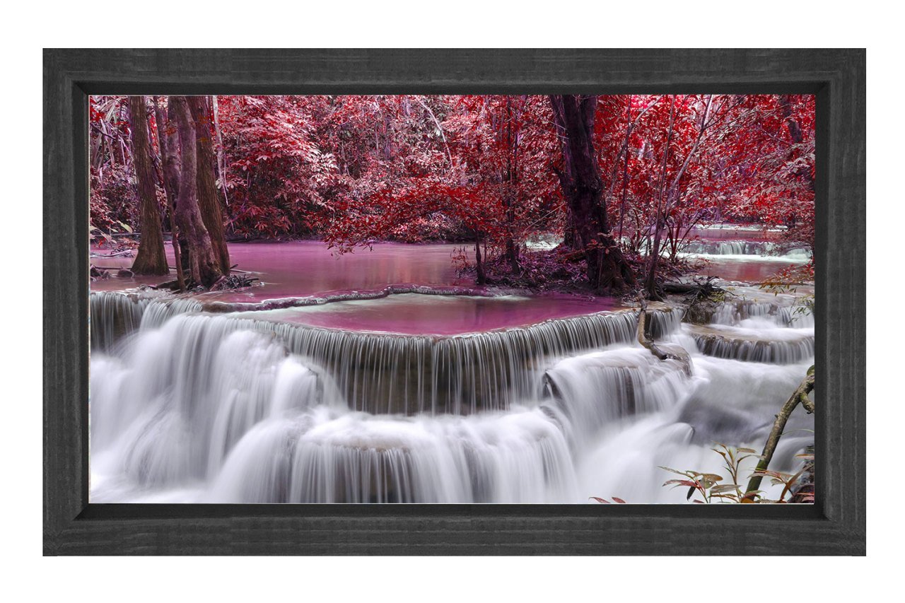 Mor Ağaçlar Ve Şelale Tablosu Siyah Ahşap Çerçeve - 50x70