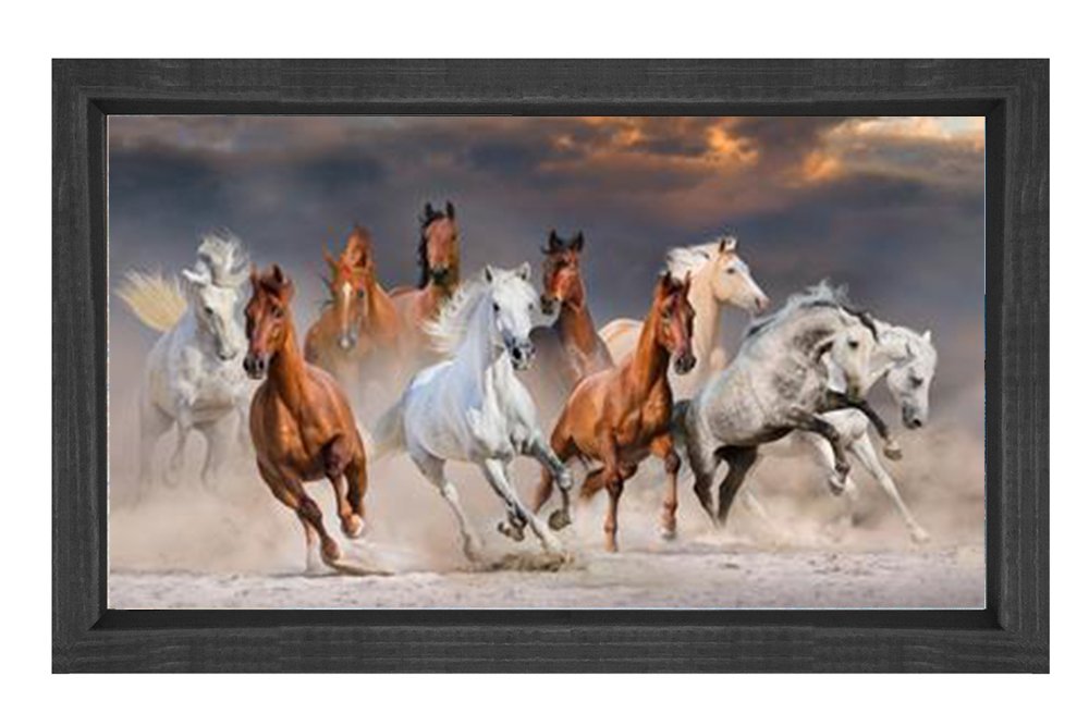 Koşan Atlar Tablosu Siyah Ahşap Çerçeve - 50x90