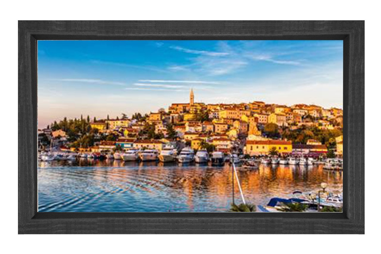 Sahil Kasabası ve Marina Tablosu Siyah Ahşap - 50x70