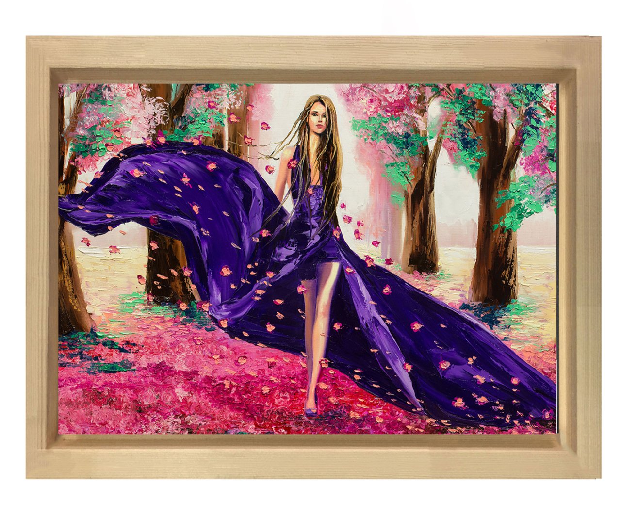 Güller ve Kız Tablosu Naturel Ahşap Çerçeve - 100x150