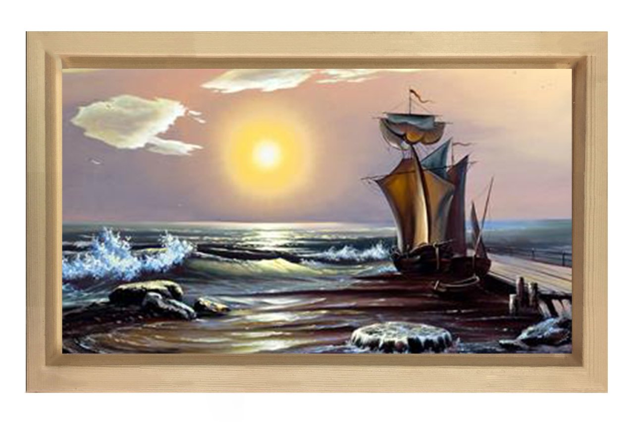 Gündoğumu Gemi Manzarası Tablosu Naturel Ahşap Çerçeve - 50x70