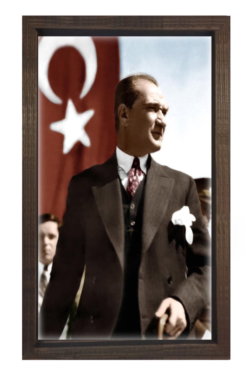 Atatürk Ve Bayrak Tablosu Kahverengi Ahşap - 45x30