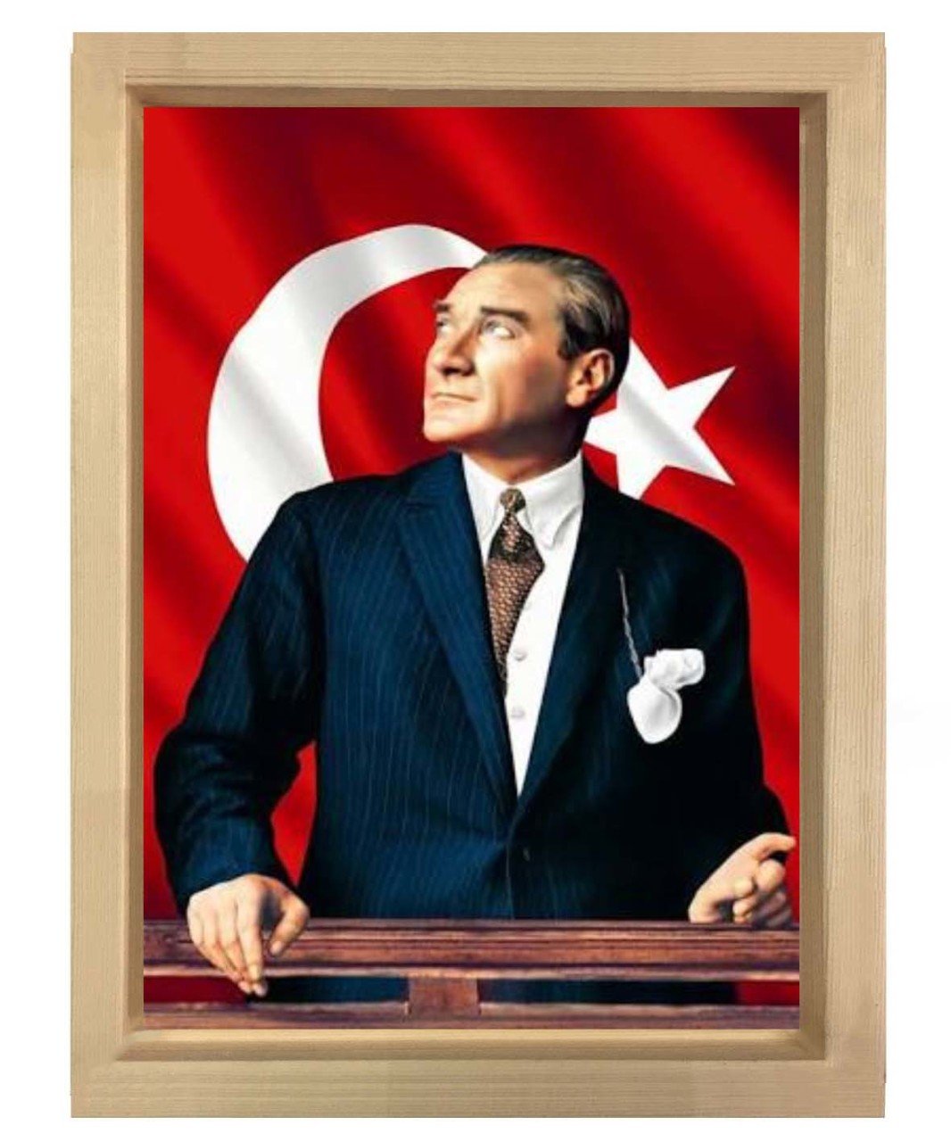Atatürk Türk Bayrağı Naturel Ahşap Çerçeve - 70x100
