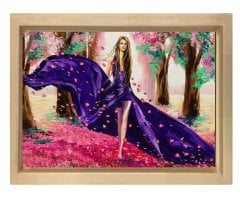 Güller ve Kız Tablosu Naturel Ahşap Çerçeve - 40x60