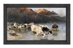 Çoban Ve Danalar Su İçerken Tablosu Siyah Ahşap Çerçeve - 45x30