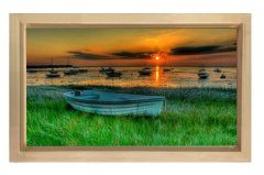 Denizdeki Sandallar ve Gün Batımı Tablosu Naturel Ahşap Çerçeve - 50x90