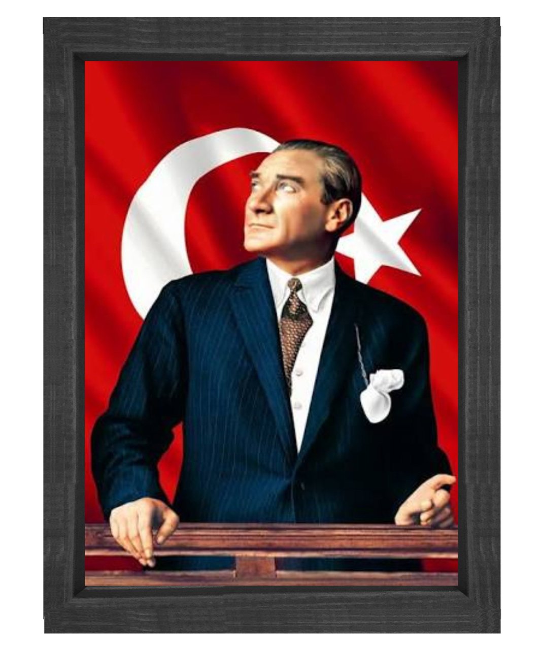 Atatürk Türk Bayrağı Siyah Ahşap Çerçeve - 50x90