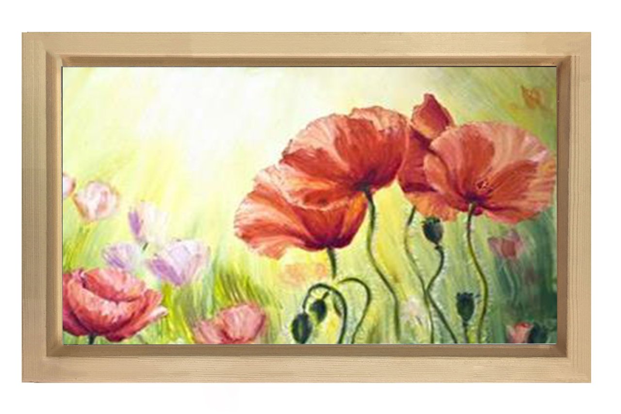 Kırmızı Gül ve Gelincik Çiçekleri Tablosu Naturel Ahşap Çerçeve - 50x90