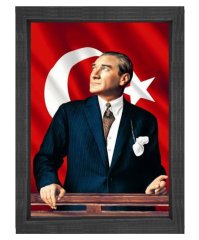 Atatürk Türk Bayrağı Siyah Ahşap Çerçeve - 70x100