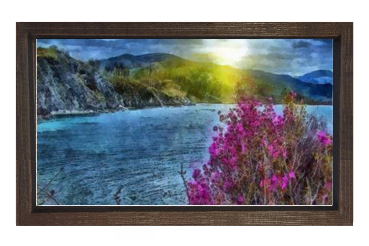 Çiçekli Gece Göl Tablosu Kahverengi Ahşap Çerçeve - 50x90