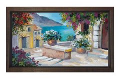 Çiçekli Balkon Ve Deniz Tablosu Kahverengi Ahşap - 100x200