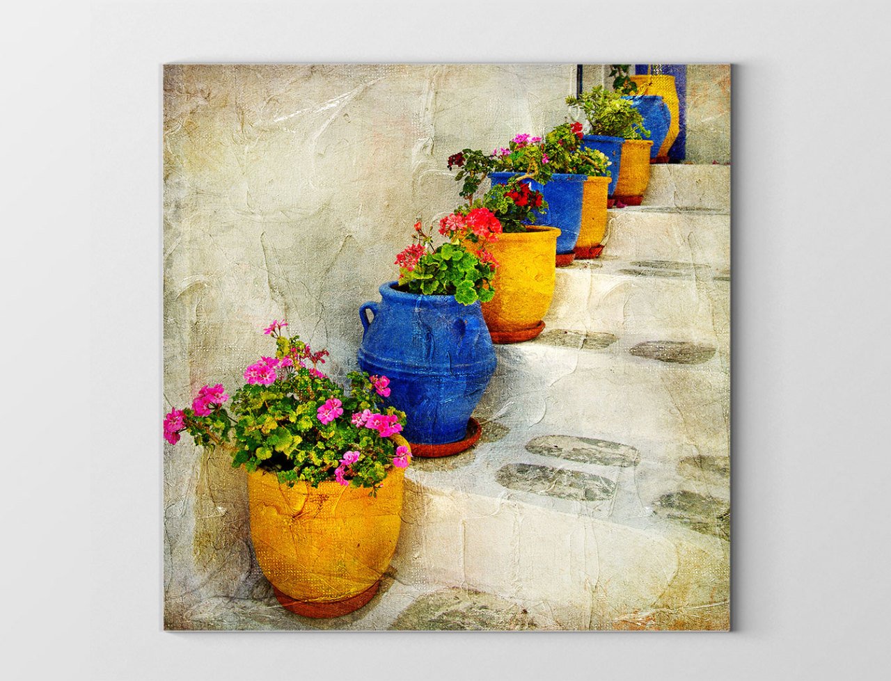 Köy Merdiveni Çiçekli Saksılar Tablosu Çerçevesiz - 30x30