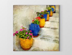 Köy Merdiveni Çiçekli Saksılar Tablosu Çerçevesiz - 30x30