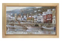 Kayıklar ve Manzara Tablosu Naturel Ahşap Çerçeve - 45x30