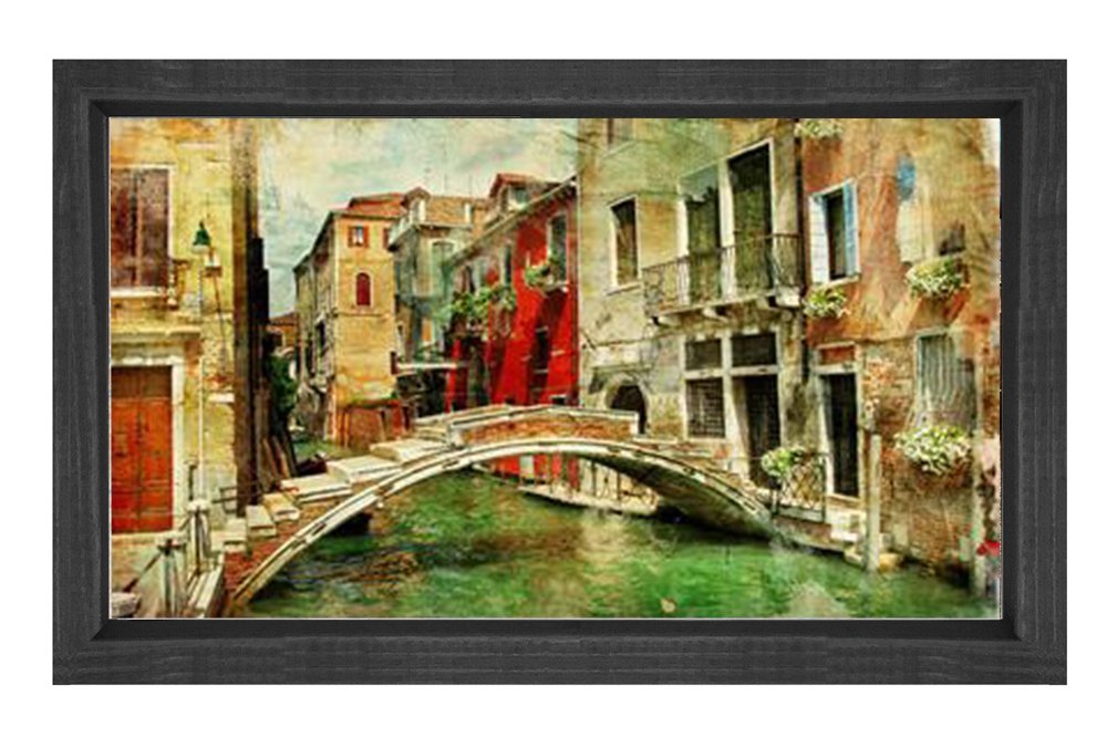 Venedik Köprü ve Evler Tablosu Siyah Ahşap - 40x60