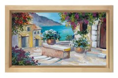 Çiçekli Balkon Ve Deniz Tablosu Naturel Ahşap - 40x60