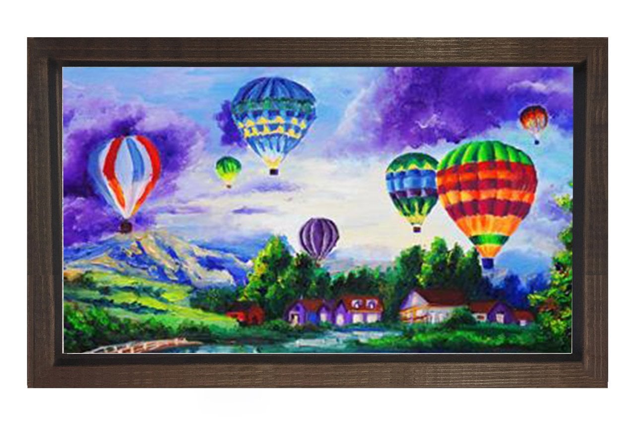 Uçan Renkli Balonlar Manzara Tablosu Kahverengi Ahşap Çerçeve - 50x90
