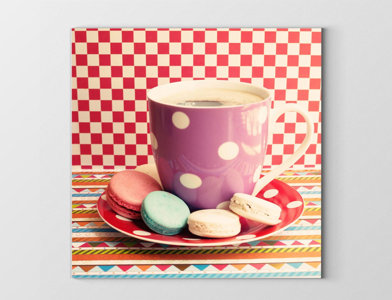 Renkli Kahve Kupa   Makaronlar Tablosu Çerçevesiz - 40x40