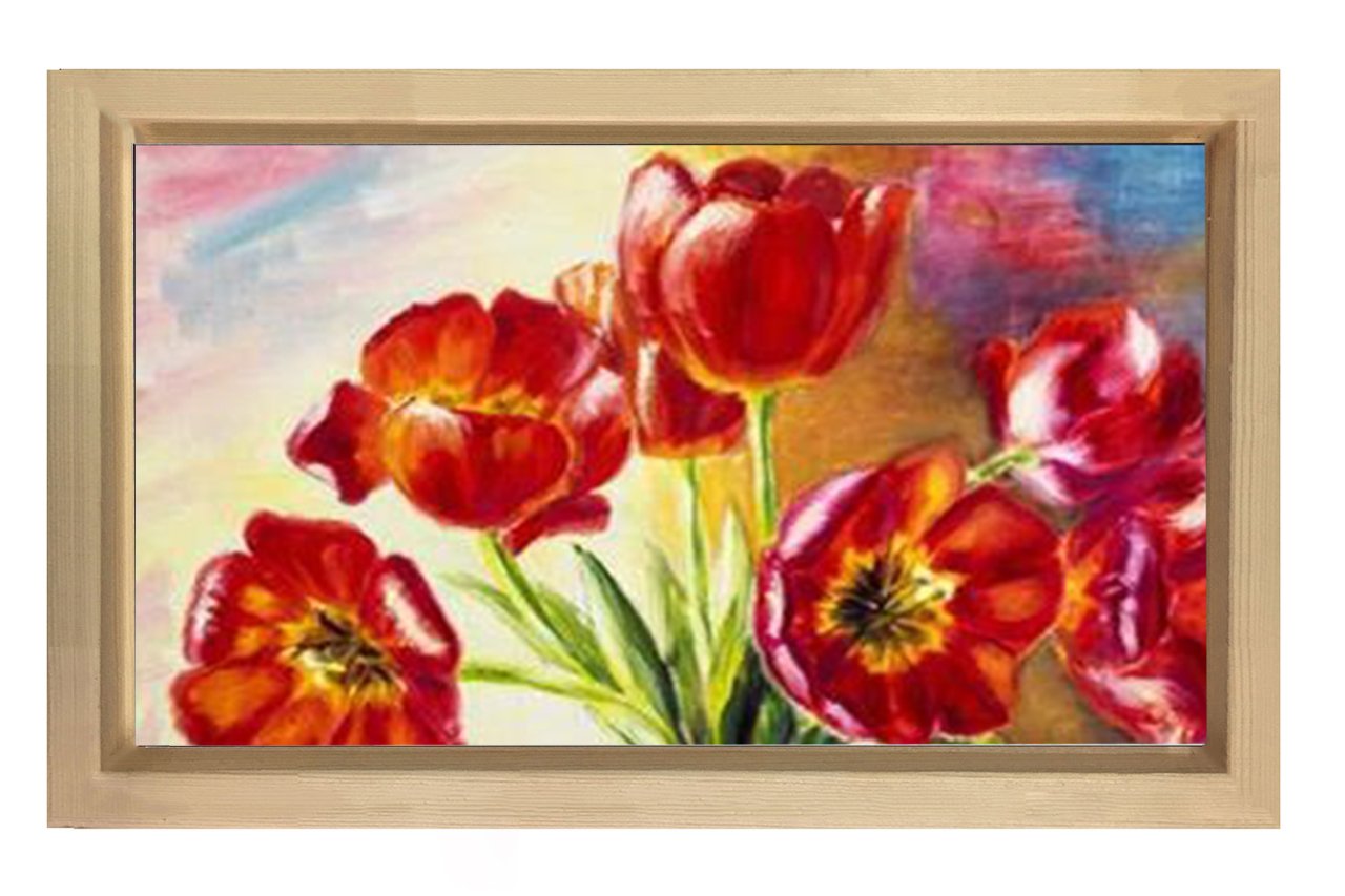 Kırmızı Gelincik Çiçekler Tablosu Naturel Ahşap Çerçeve - 45x30