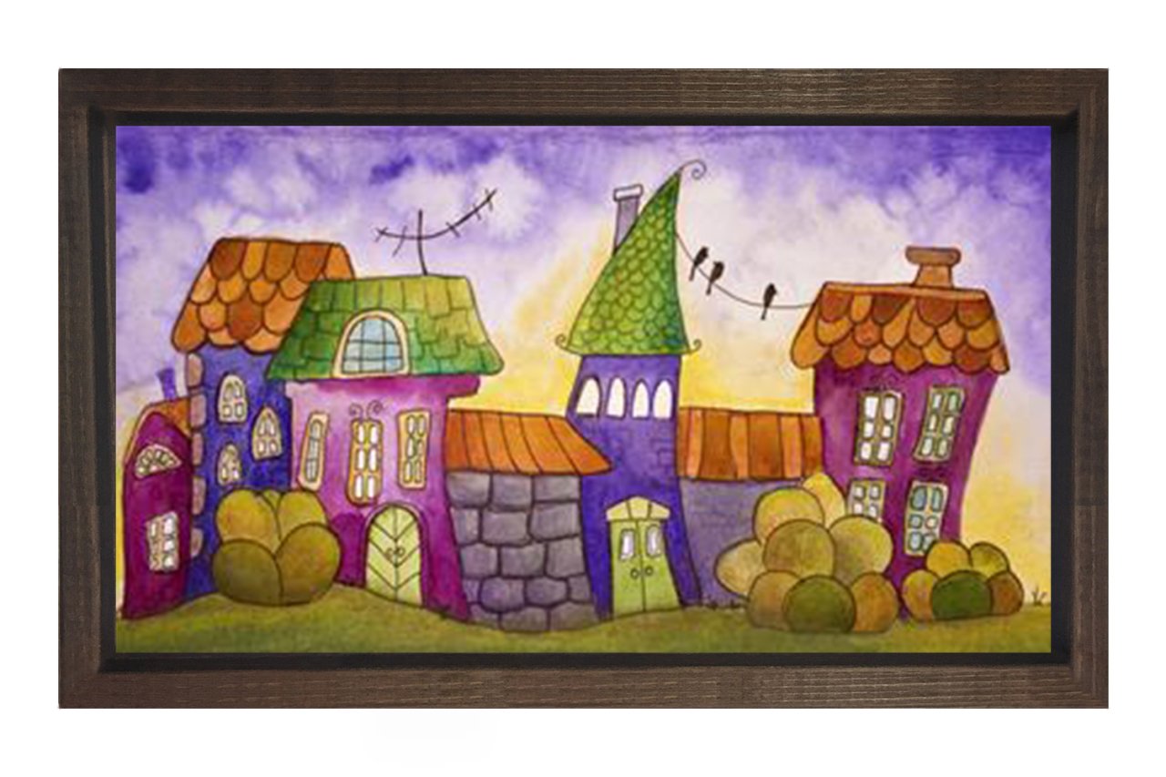 Renkli Mahalle Tablosu Kahverengi Ahşap Çerçeve - 50x70