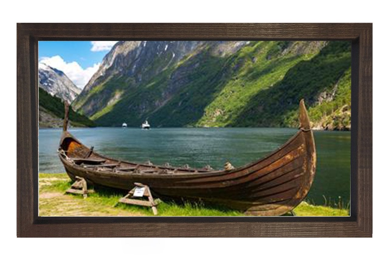 Sandal, Nehir ve Dağ Manzarası Tablosu Kahverengi Ahşap - 100x150