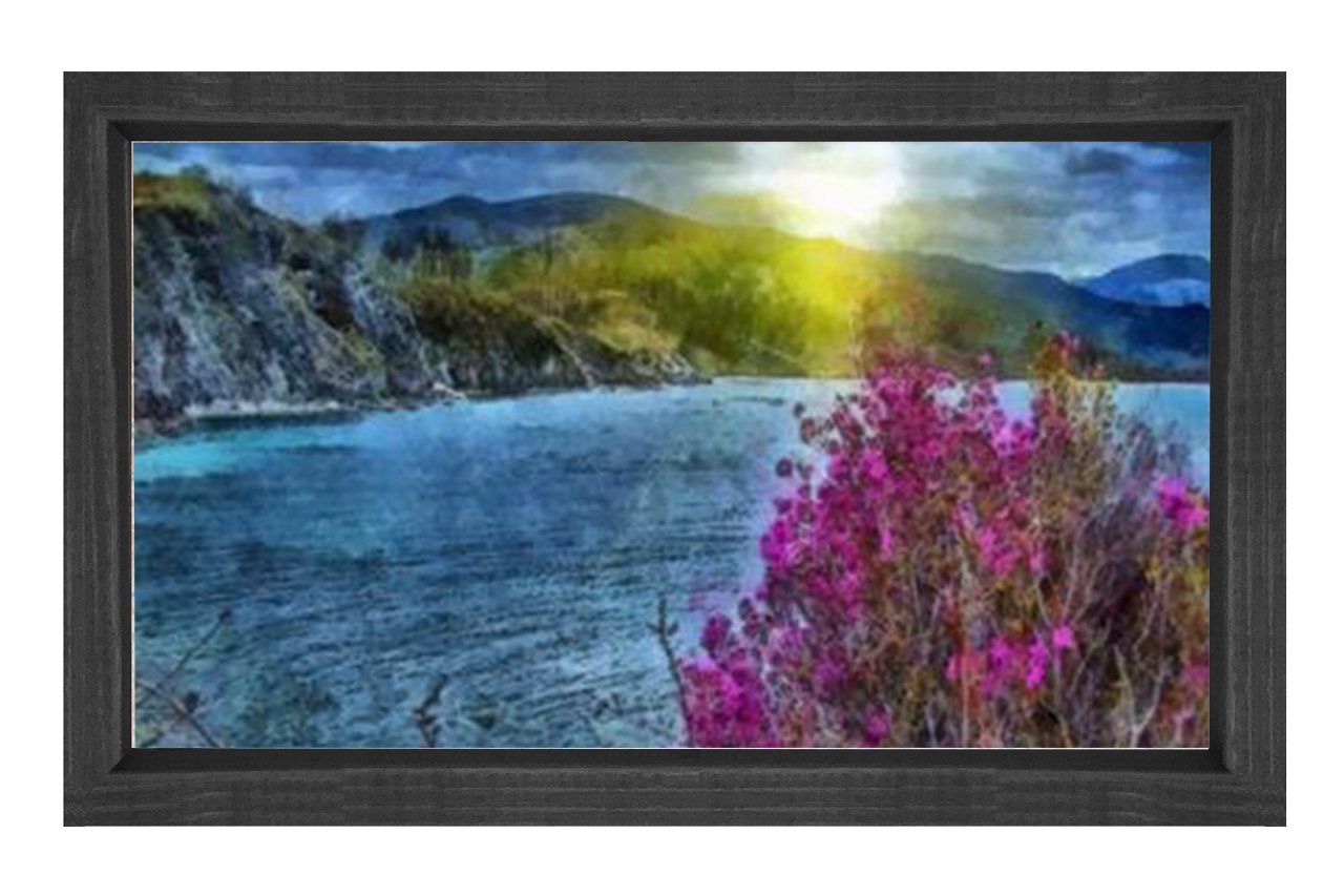 Çiçekli Gece Göl Tablosu Siyah Ahşap Çerçeve - 50x70