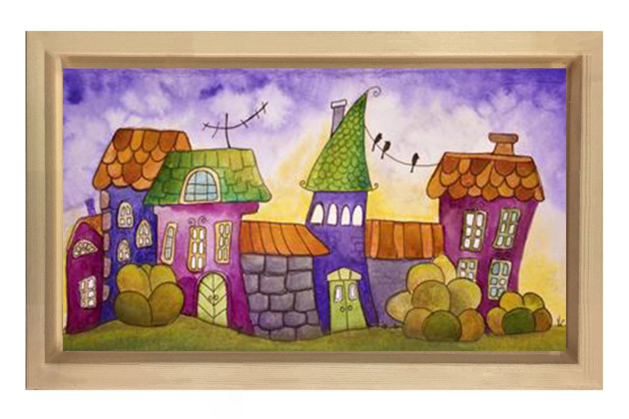 Renkli Mahalle Tablosu Naturel Ahşap Çerçeve - 100x150