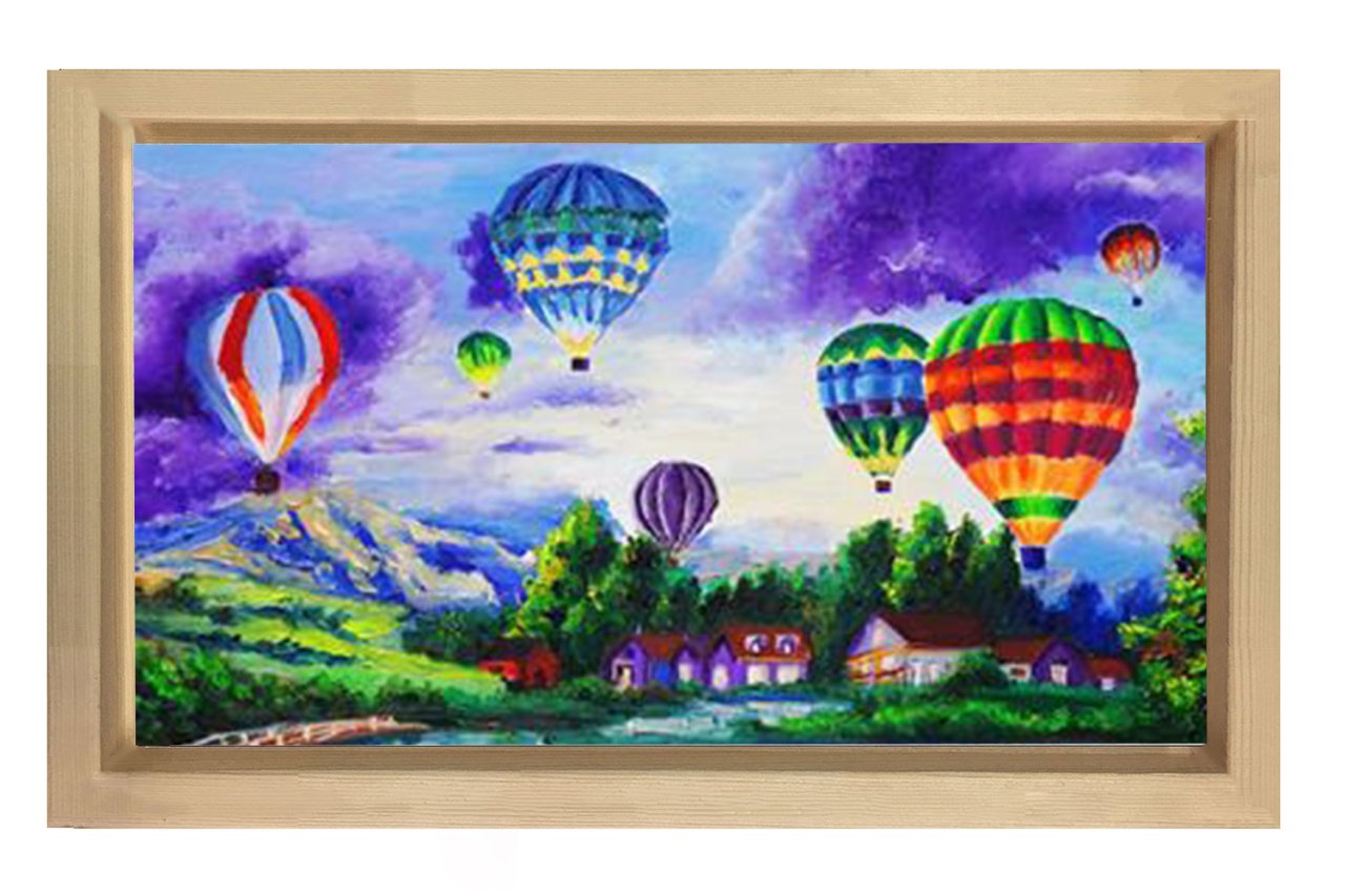 Uçan Renkli Balonlar Manzara Tablosu Naturel Ahşap Çerçeve - 50x70