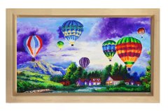 Uçan Renkli Balonlar Manzara Tablosu Naturel Ahşap Çerçeve - 50x70
