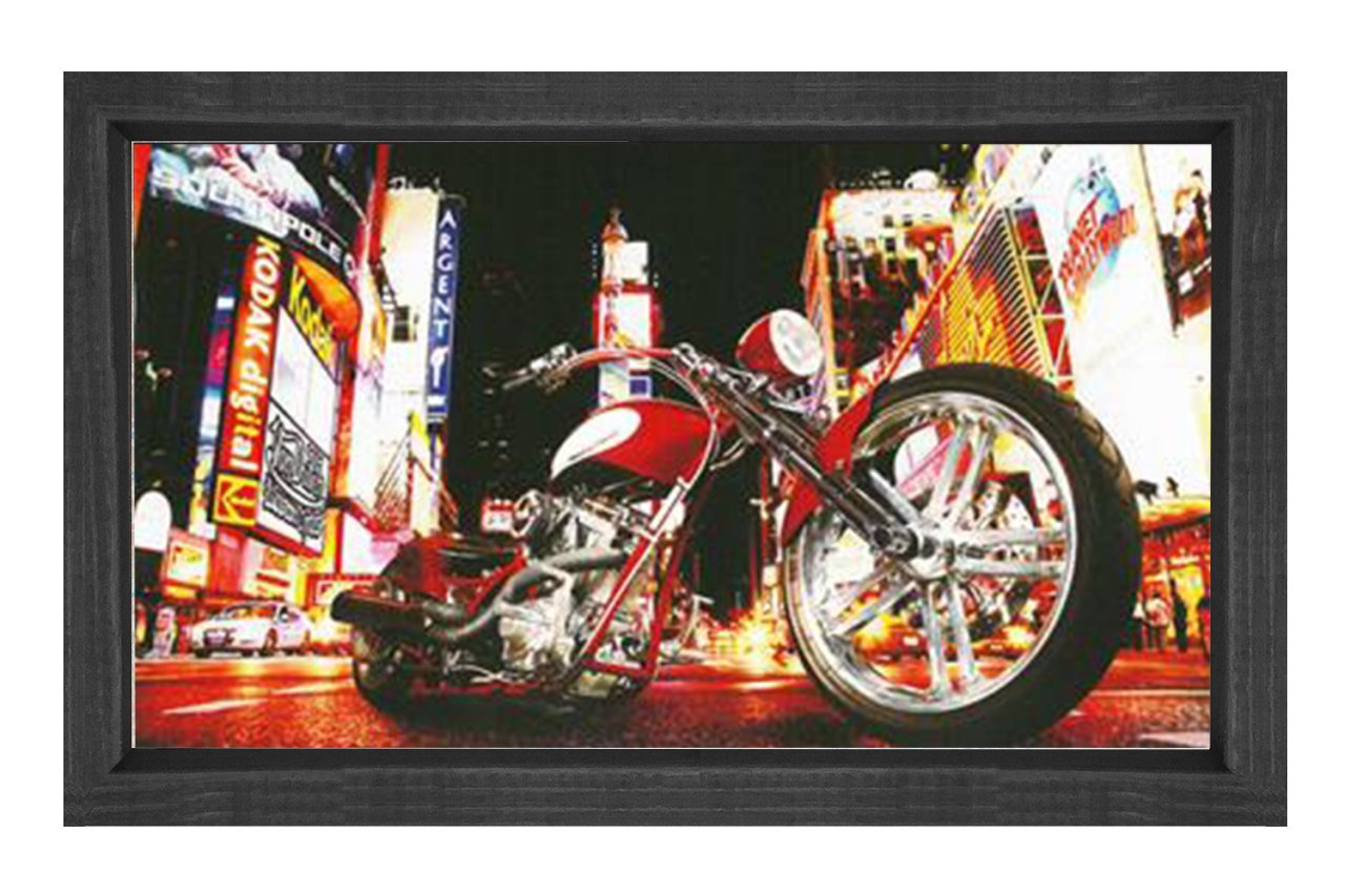 Vintage Motorsiklet ve Şehir Tablosu Siyah Ahşap Çerçeve - 100x200