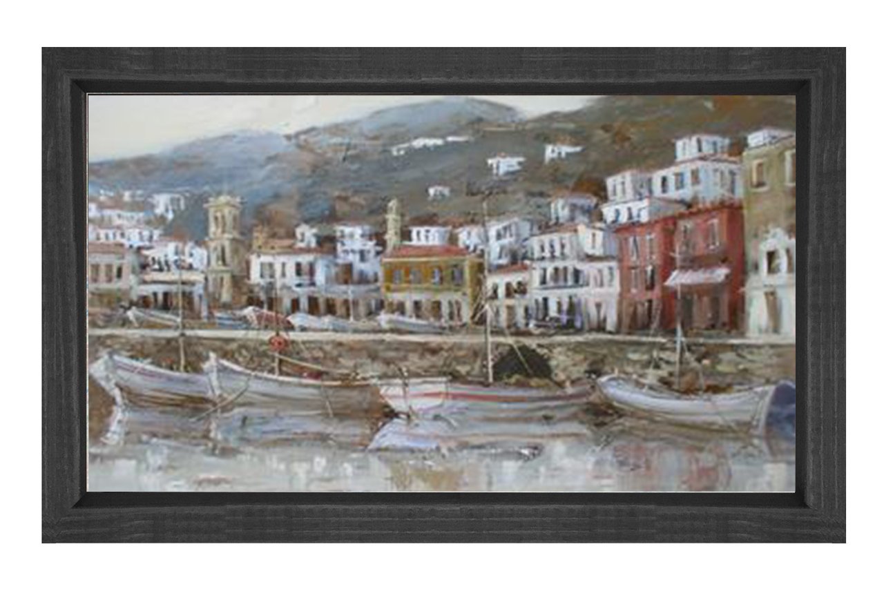 Kayıklar ve Manzara Tablosu Siyah Ahşap Çerçeve - 50x90