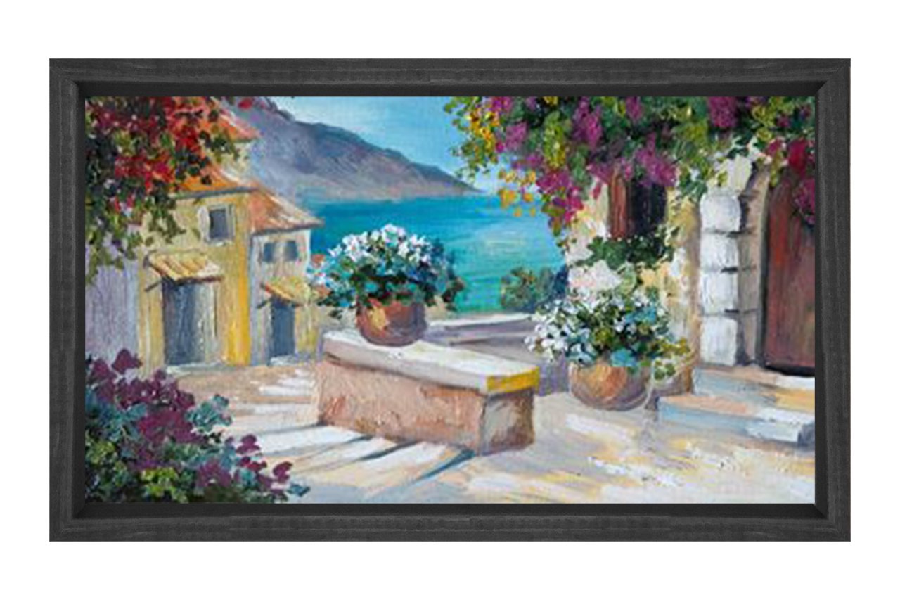 Çiçekli Balkon Ve Deniz Tablosu Siyah Ahşap - 45x30