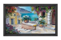 Çiçekli Balkon Ve Deniz Tablosu Siyah Ahşap - 50x70