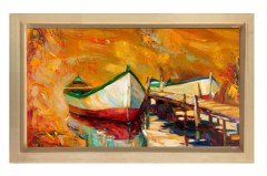 Gün Batımı Kayıkları Tablosu Naturel Ahşap Çerçeve - 50x70