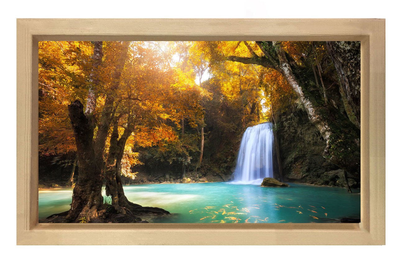 Sarı Ağaçlar Ve Şelale Tablosu Naturel Ahşap Çerçeve - 45x30