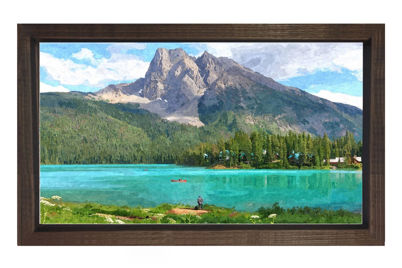 Yeşil Dağ Ve Ağaçlı Göl Tablosu Kahverengi Ahşap - 50x70