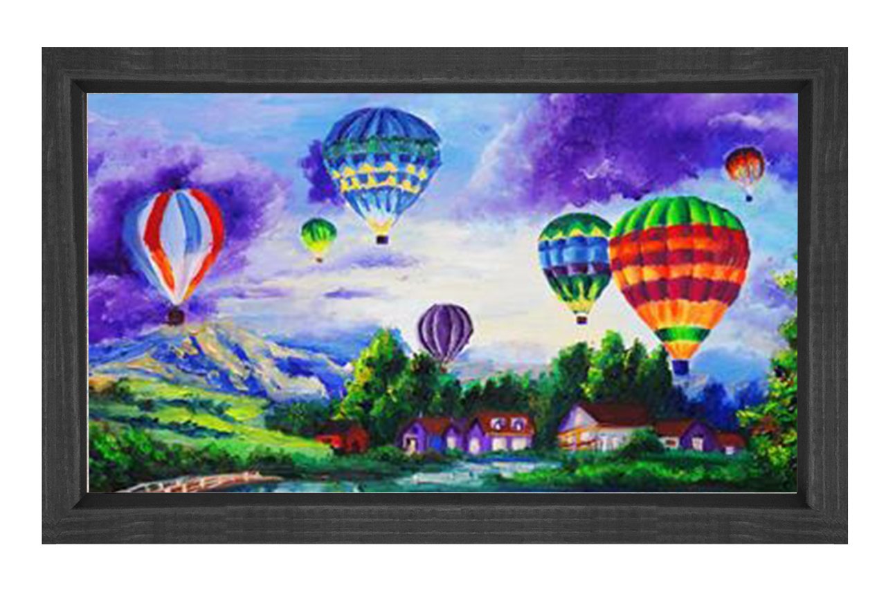 Uçan Renkli Balonlar Manzara Tablosu Siyah Ahşap Çerçeve - 45x30