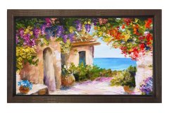 Çiçekli Ev Manzarası  Tablosu Kahverengi Ahşap - 45x30