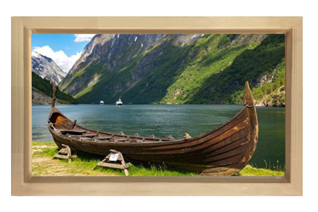 Sandal, Nehir ve Dağ Manzarası Tablosu Naturel Ahşap - 45x30