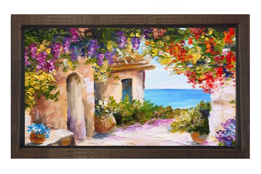 Çiçekli Ev Manzarası  Tablosu Kahverengi Ahşap - 50x70