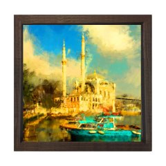 Orta Köy Camisi Yağlıboya Tablosu Kahverengi Ahşap Çerçeve - 30x30