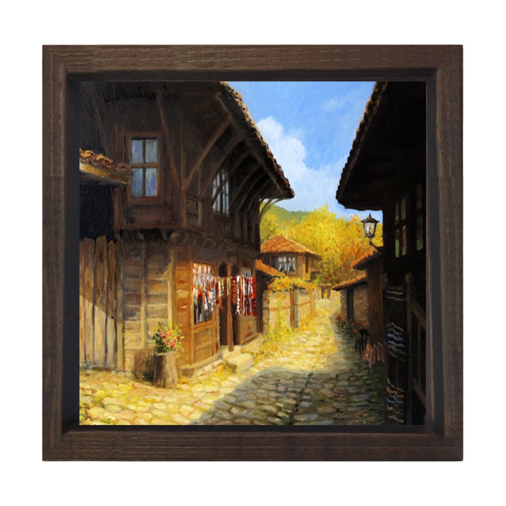 Köy Meydanı Tablosu Kahverengi Ahşap Çerçeve - 40x40