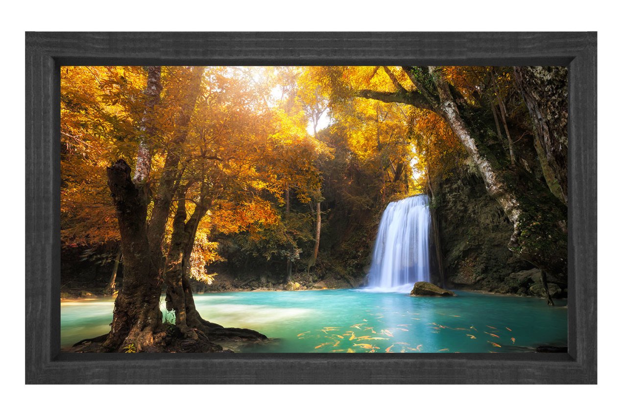 Sarı Ağaçlar Ve Şelale Tablosu Siyah Ahşap Çerçeve - 45x30
