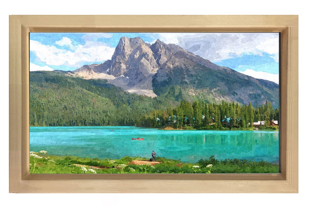 Yeşil Dağ Ve Ağaçlı Göl Tablosu Naturel Ahşap - 50x70