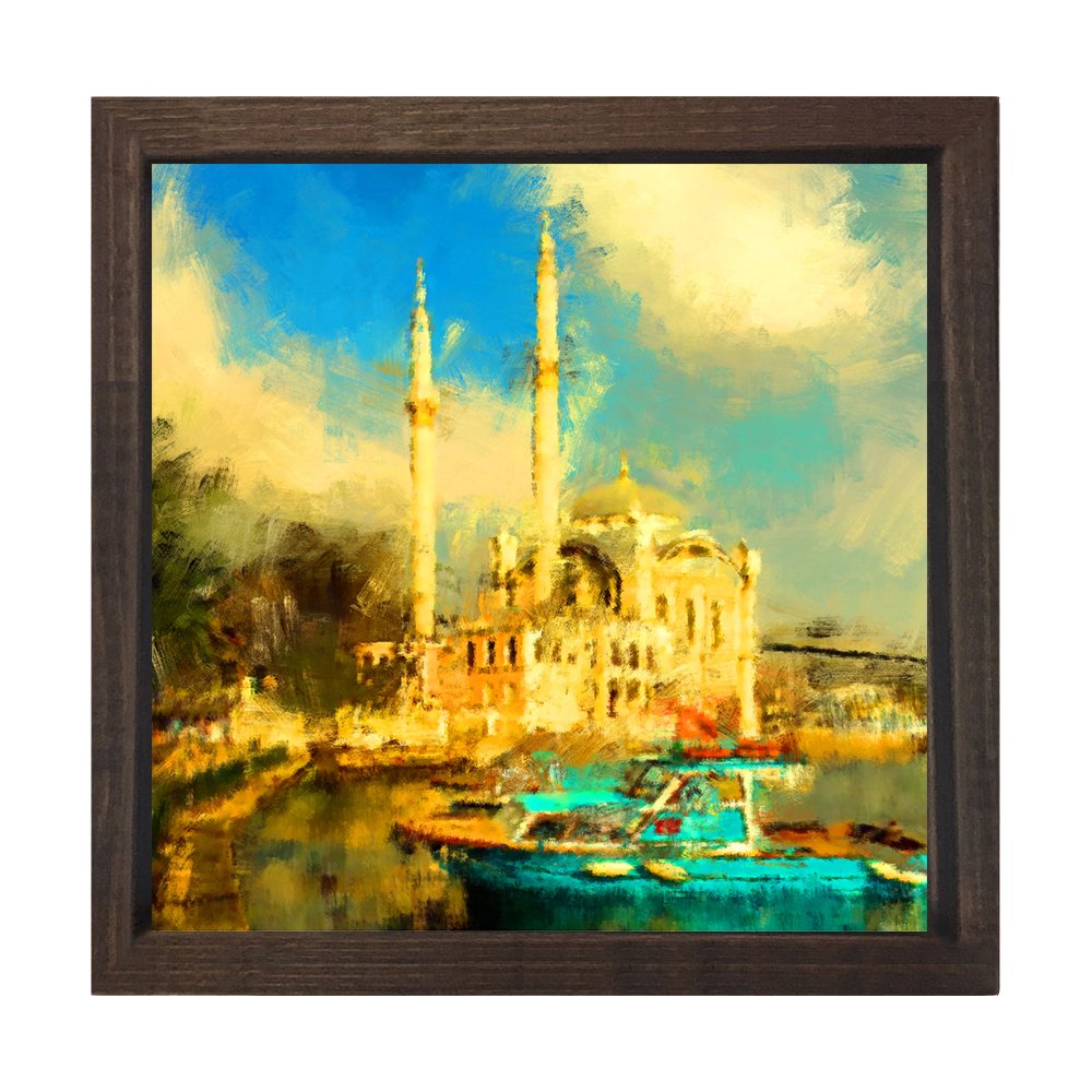 Orta Köy Camisi Yağlıboya Tablosu Kahverengi Ahşap Çerçeve - 90x90