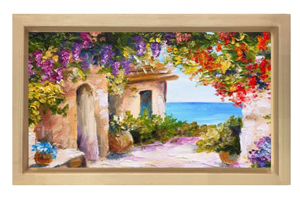 Çiçekli Ev Manzarası  Tablosu Naturel Ahşap - 45x30