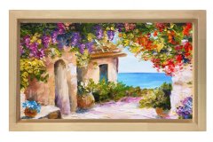 Çiçekli Ev Manzarası  Tablosu Naturel Ahşap - 45x30