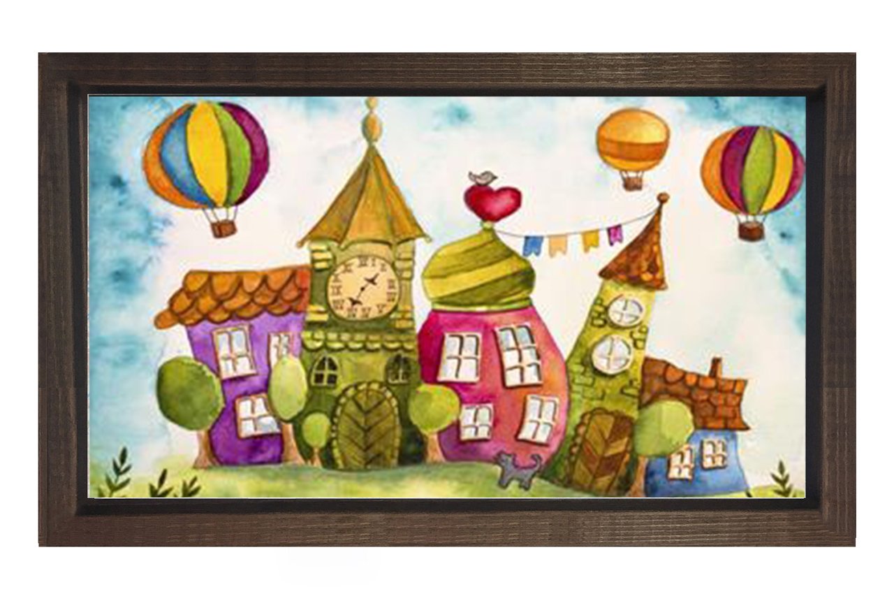 Balonlar ve Masal Evler Tablosu Kahverengi Ahşap Çerçeve - 45x30