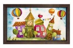 Balonlar ve Masal Evler Tablosu Kahverengi Ahşap Çerçeve - 45x30