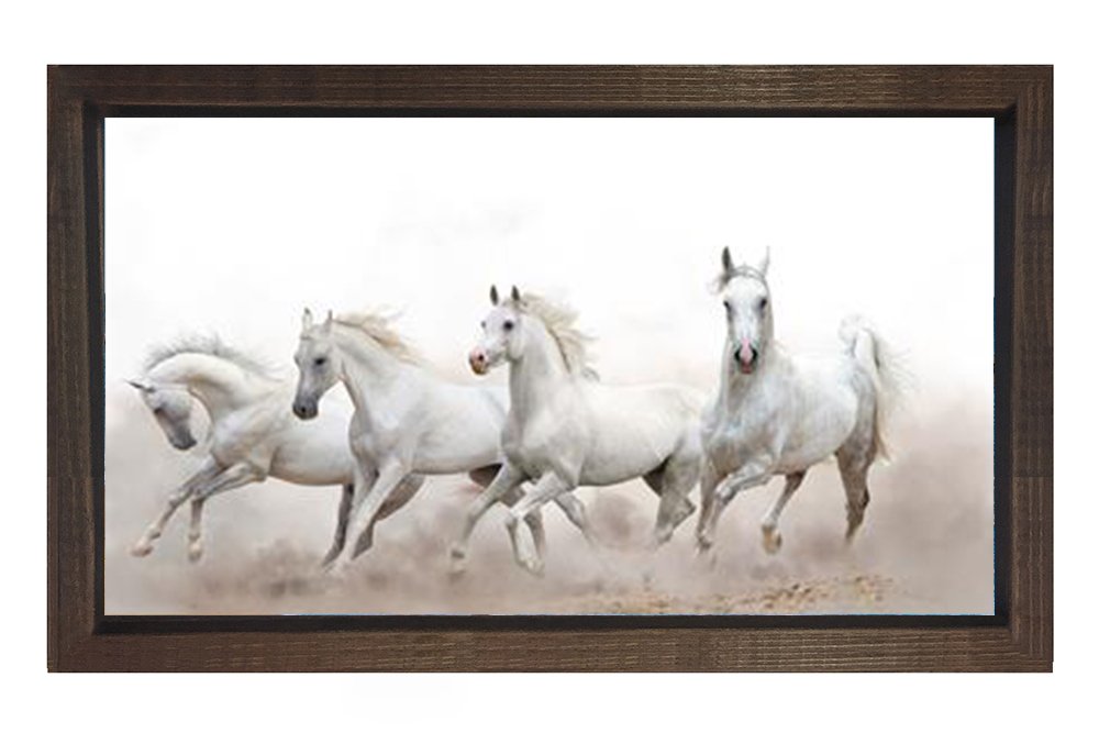 Beyaz Atlar Tablosu Kahverengi Ahşap Çerçeve - 50x90
